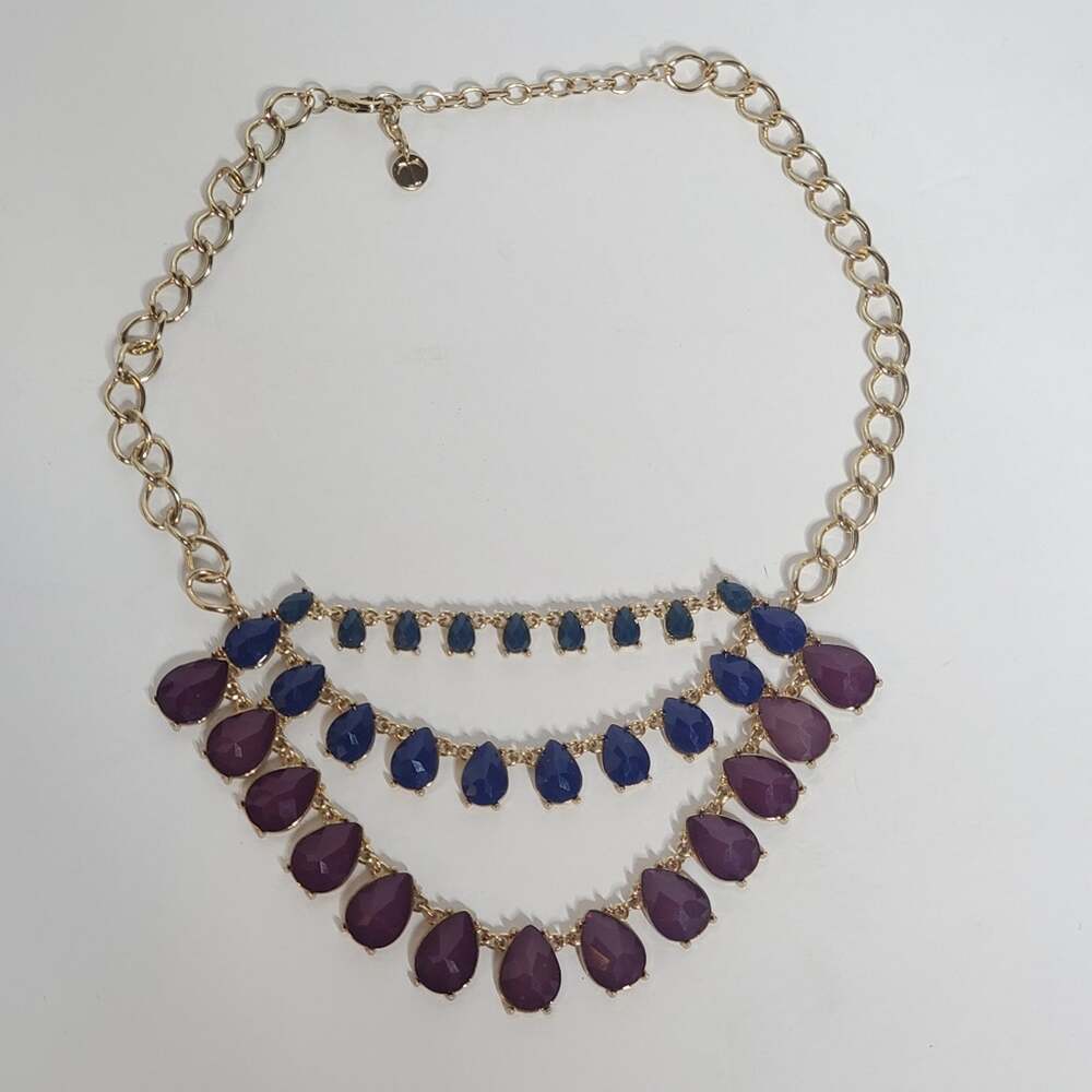 Talbots 3 tiered statement necklace with faux stones and gold tone chain